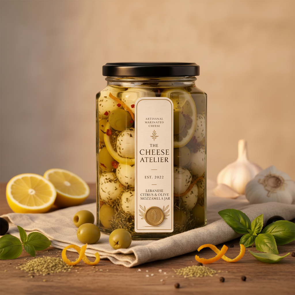 Lebanese Citrus & Olive Mozzarella Jar with green olives, lemon, orange zest and zaatar